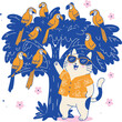 © nutalina - A cat by the tree with parrots. Cute vector illustrations of a relaxing vacation cat enjoying summer leisure activities. Playful flat design with beach vibe and cozy holiday atmosphere.