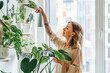 © Westend61 - Beautiful woman spraying water on houseplants at home