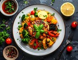 A plate of grilled chicken and vegetables with herbs