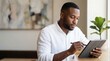 © 형근 최 - Generative AI, Handsome black businessman using digital tablet at cafe