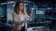 © space_creator - Professional female software developer interacts with a futuristic digital interface displaying complex code and data visualizations in a modern office setting.