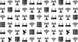 © Shehzad  - Professional vector illustration set featuring black flat icons of networking equipment including routers servers satellite dishes and wifi signals