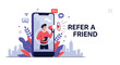 © Sijan - Digital referral program marketing banner showing a man with a megaphone on a smartphone screen to encourage customers to refer a new friend.