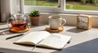 © Zulkifl1 - Mindful Morning Routine and Journaling Concept with Morning Intentions Text, Tea, and Warm Sunlight