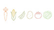 © Karina - Colorful outline vegetables illustration set featuring various fresh produce items like carrots, corn, edamame, potatoes, tomatoes, and cabbage.