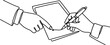 © melda - Continuous line drawing of a person signing a document with guidance.