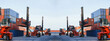 © AU USAnakul - Red container handlers operate heavy-duty equipment moving cargo containers at busy port under expansive blue sky, showcasing powerful logistics and global trade operations..