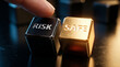 © Nusrat - Contrasting cubes of risk and safety on a reflective surface symbolise decision‑making dilemmas, strategic evaluation, and the tension between opportunity and security in leadership and planning