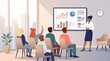 © Alvin - A diverse professional team participates in an engaging corporate presentation, analyzing data charts on a large screen in a bright, modern office with a city view.