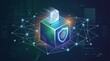 © MSTMAYA - Digital cube with a shield and fingerprint receiving a document file against a dark background, with interconnected network, nodes and data lines