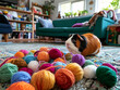 © NanSiri - Tricolor guinea pig sits near scattered colorful yarn balls on a patterned rug in a bright living room with a teal sofa