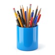 © aridyah - Studio shot of various pens and sharpened pencils inside a blue cylindrical cup over white background