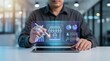 © CuteBee - Professional digital marketer analyzing retail store performance and customer review data on interactive virtual screen with marketing analytics tools
