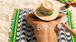 © Mr. Bolota - Pessoa na praia com protetor solar escrito 'BRAZIL' nas costas e chapéu com a bandeira do Brasil