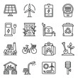 © Salsa - The image displays 16 linear icons related to ecology, renewable energy, and sustainable living, featuring solar panels, wind turbines, and recycling.