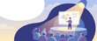 © Faima - Panoramic vector banner illustration of a startup pitch stage silhouette with a spotlight and wide copy space; conceptual design for business presentations, events, and entrepreneurial success.
