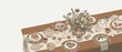 © Waleed - Panoramic vector banner illustration of a cozy Easter brunch table seen from a top view featuring plates, flowers, colorful eggs, and napkins; perfect for spring holiday celebration backgrounds.