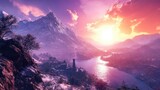 Majestic mountain range at twilight with a winding river reflecting the dramatic, colorful sky and ancient tower.