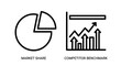 © Most - Market share pie chart and competitor benchmark bar graph icons representing business analysis and comparative performance metrics with competitor, benchmark