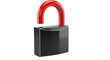 © Sojon - A 3 d rendered open padlock with a glossy black rectangular body and a bright red curved shackle, isolated against a solid black background