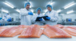 © ViskBx - Quality control inspectors examining fresh salmon fillets in a modern food processing plant with sterile environment and protective gear