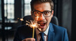 © ViskBx - Excited businessman holding a burning sparkler in a modern office, expressing surprise and joy during a celebration or festive event