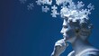 © Sergey - White marble statue contemplating glowing floating puzzle pieces around head, deep blue background, critical thinking concept, hyper realistic