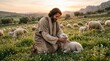 © AlfaSmart - Jesus Christ kneeling in a field with a flock of sheep. Shepherd petting a lamb in a green pasture during sunset. Religious scene depicting biblical parables and spiritual care.