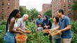 © Fadly - Diverse group harvesting fresh produce together in urban community garden, smiling and socializing outdoors.