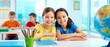 © keks20034 - Concept of primary education and friendship showing two happy girls smiling at desk in classroom.