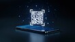 © USD - Futuristic QR code hologram scanning from a mobile phone on a dark bokeh background