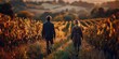 © Orod - Romantic vineyard walk at sunset with couple for travel lifestyle marketing.