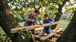 © Elvira - Teenage boy and younger brother hammering wood to build a treehouse together