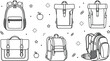 © MD - Backpack collection set including school rucksack rolltop bag briefcase and satchel elements outline line art vector illustration design