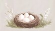 © Stefan Schurr/imageBROKER - Nest with easter eggs in grass on a sunny spring day, Easter wallpaper decoration drawing, banner, panorama, background, abstract vector illustration, AI generated