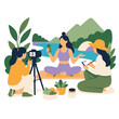 © Putr - Group of women filming a yoga and wellness video outdoors.