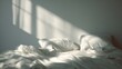 © Plaifah - Soft Morning Light on Unmade Bed with White Pillows and Blankets, Minimalist Bedroom Decor, Serenity, and Calmness in Neutral Tones