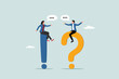 © NASIH - Question and answer, Q and A, FAQ, frequently asked questions, discussion to get solution to solve problem, brainstorm conversation or quiz concept, businessman and woman ask and answer questions.