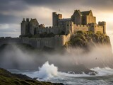 Dramatic castle on a rocky outcrop surrounded by mist and waves isolated on white background