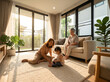 © LookChin AI - Happy multi generation family playing together in sunny living room