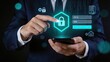 © Jack - Businessman holding smartphone with glowing padlock shield icon and login fields, username password input, data protection and cyber security concept