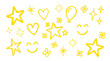 © Shawon - Collection of handdrawn yellow star shapes hearts smiley faces and balloon icons isolated on transparent background
