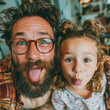 © cjsolanop - Curly-haired man and child make silly faces together. Both eyes wide, tongues out, sharing joyous fun. Cozy indoor setting with soft, warm lighting. Perfect for family fun, playful moments