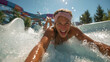 © Zanna - Joyful woman splashing through water slide at aquatic park, close up of excitement and summer fun during outdoor vacation adventure and leisure activities