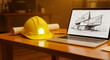 © ★★★★★ - Yellow hard hat and laptop with architectural house sketch on a desk. Professional workspace with blueprints for construction. Engineering design concept for real estate development marketing.