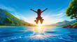 © EVA SOFIA VISSER - Joyful person jumping over a serene lake at sunrise. Silhouette figure leaps with a water splash against a mountain landscape. Freedom and success concept for motivational and wellness marketing.