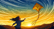 © NIELSEN FRUJA - Young girl flying a yellow kite against a dramatic swirling sunset sky. A person enjoys outdoor leisure in a hilly landscape during golden hour. Freedom and hope concept, ideal for inspiration.
