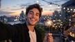 © PrabuanaAndika - Man celebrating with sparkler taking selfie on urban rooftop