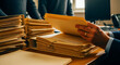 © SOFIE PEETERS - Person opening a manila folder on a desk filled with stacks of documents. Hand reviewing paperwork in an office with many files. Audit and organization concept for legal or financial business themes.