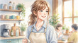© Shousei - 夏の朝の光に包まれたカフェ店員を描いた水彩風イラストです。ベージュとブルーを基調とした落ち着いた配色が特徴です。